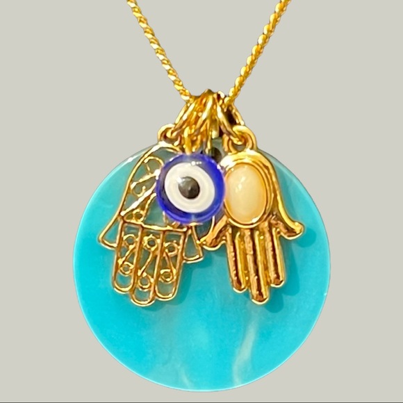 Hamsa Hand Gold Tone Necklace 16” Length - Picture 2 of 3